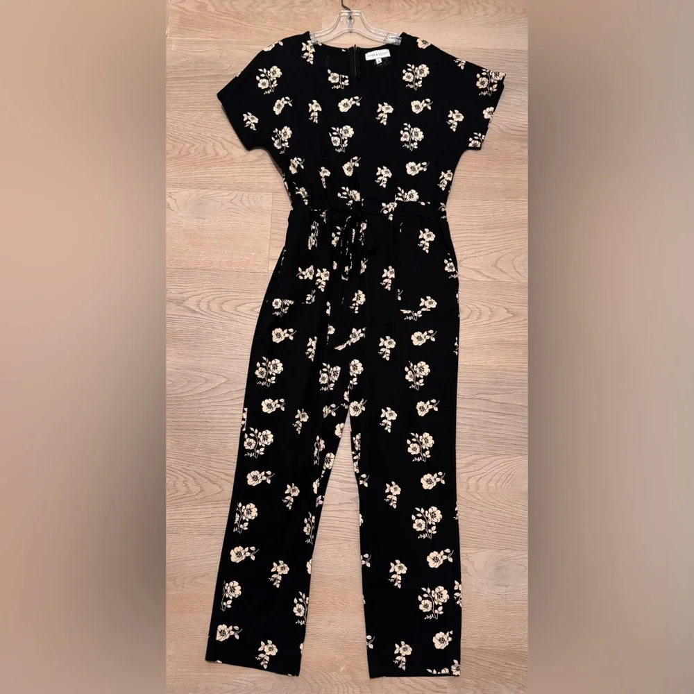 Piper & Scoot Womens Black & Cream Floral Wide Leg Tie Waist Jumpsuit Size Large - Picture 8 of 8